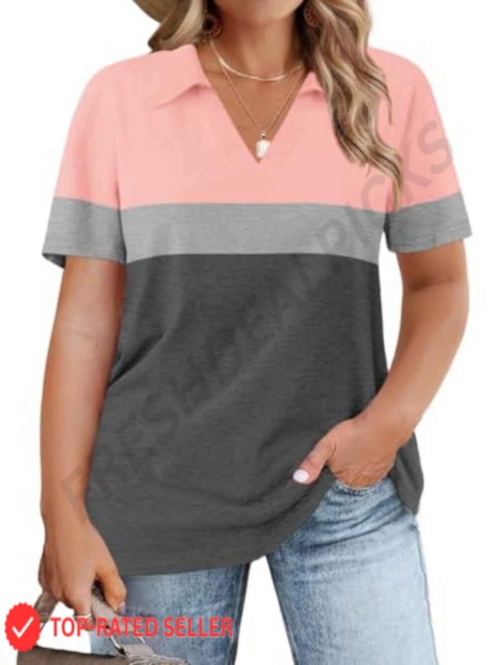 Plus Size Women's V-Neck Polo Shirt Short Sleeve Loose Fit Casual Summer Tee